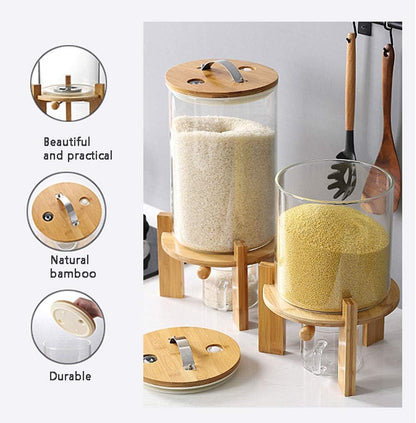 1CHASE Borosilicate Glass Rice Dispenser with Wooden Stand - 5L/8L Flour and Cereal Container with Airtight Bamboo Lid, Glass Measuring Cup, and Multipurpose Storage for Kitchen(5L)