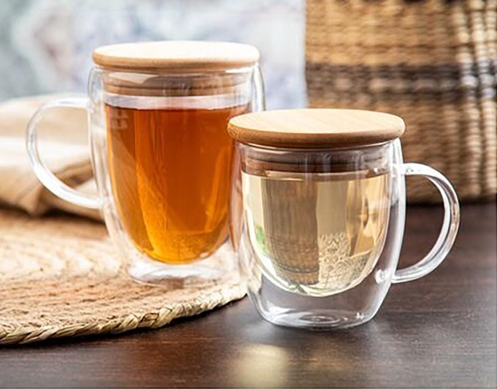 1CHASE Double Walled Glass Coffee Cups with Handle and with Bamboo Lid, Insulated Coffee Mugs Perfect for Cappuccino, Macchiato, Latte, Tea, Juice, Iced & Hot Pack Of 2 (250Ml)