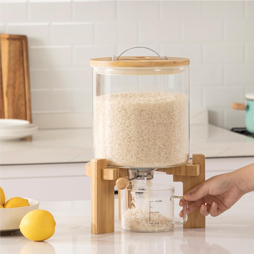 Borosilicate Glass Rice Dispenser with Wooden Stand – 5L