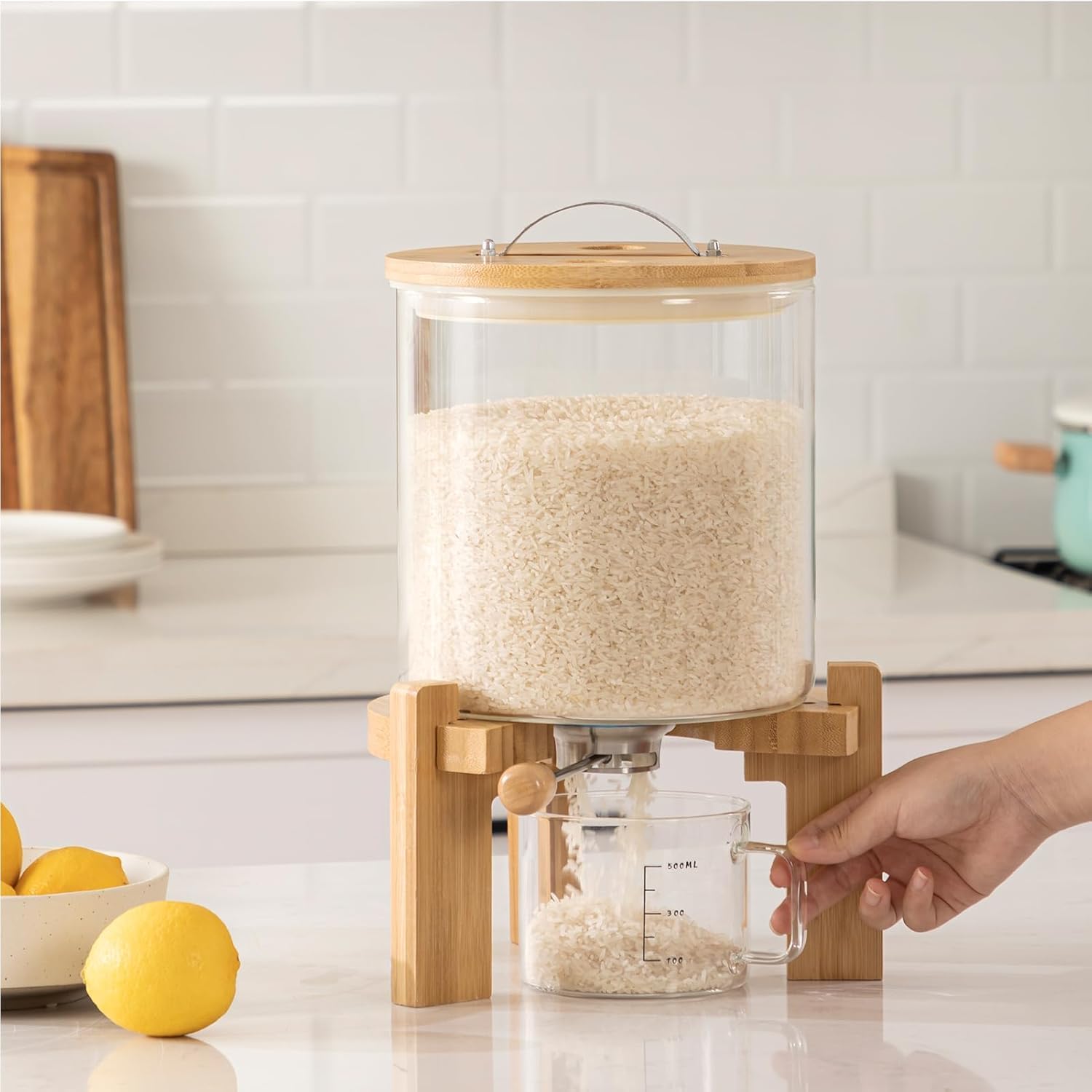 Borosilicate Glass Rice Dispenser with Wooden Stand – 5L