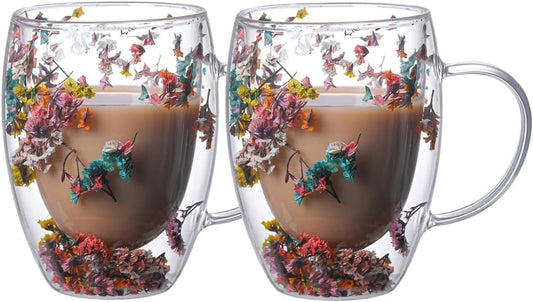 1CHASE Borosilicate Double Wall Flower Glass Coffee Cups with Handle 350 ML (Set of 2), Dry Flower Transparent Aesthetic Cups, Double Insulated Glass Cup for Hot Cold Beverages, Cappuccino (2 PCS)