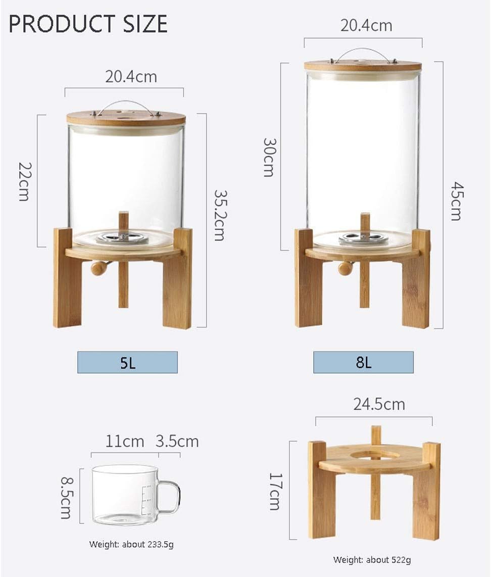 1CHASE Borosilicate Glass Rice Dispenser with Wooden Stand - 5L/8L Flour and Cereal Container with Airtight Bamboo Lid, Glass Measuring Cup, and Multipurpose Storage for Kitchen(5L)