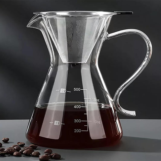 1CHASE Borosilicate Heat Resistant Glass Coffee Server Pot with Filter For Pour Over Coffee Maker 500 ML