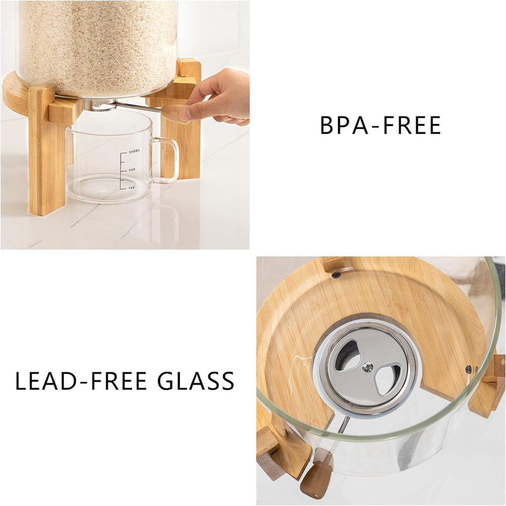 Borosilicate Glass Rice Dispenser with Wooden Stand – 5L
