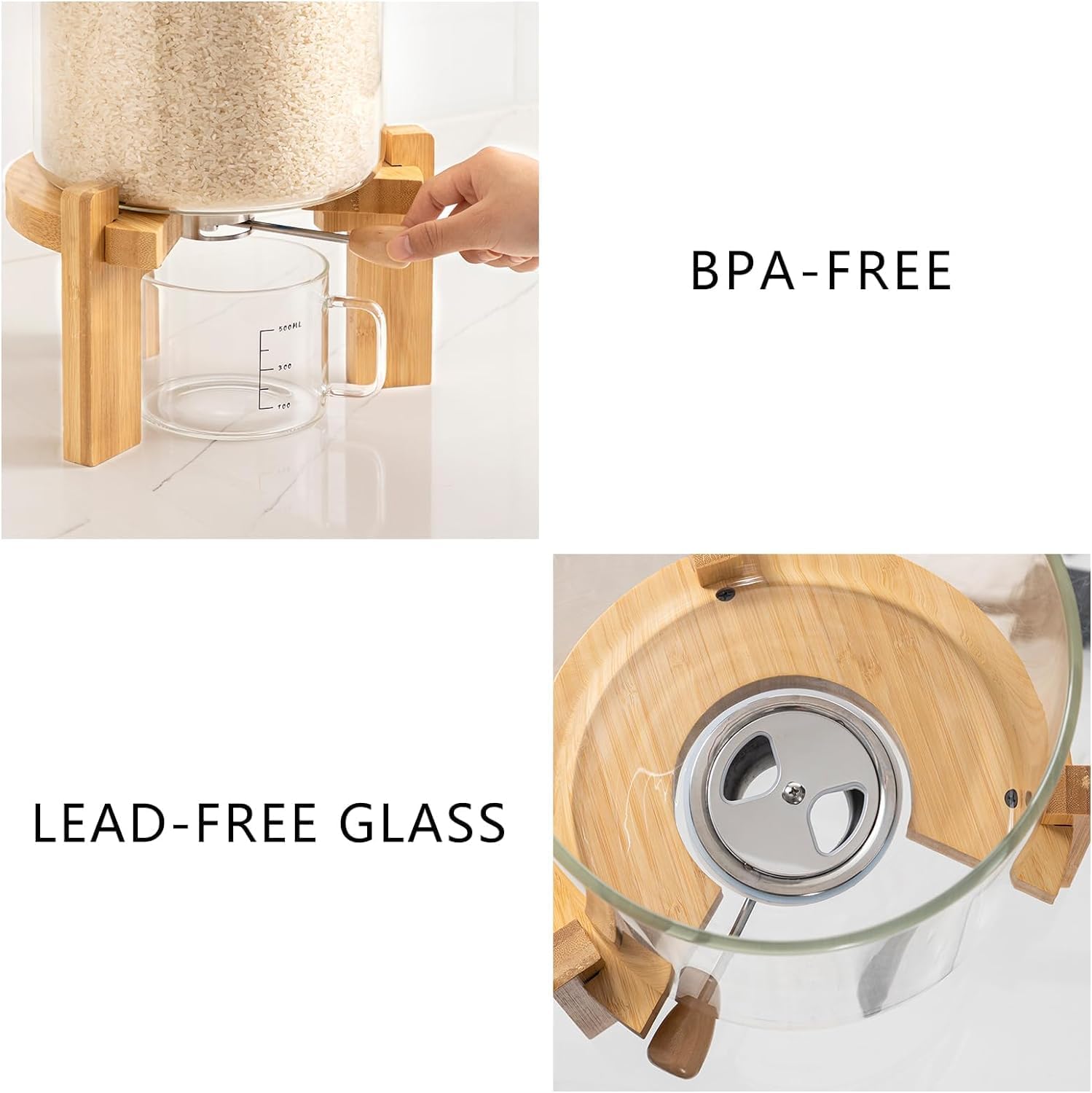 Borosilicate Glass Rice Dispenser with Wooden Stand – 5L