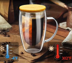 Double Wall Glass Coffee Cups with Handle & Bamboo Lid 450ML – Set of 2