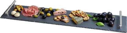 Natural Stone Slate Serving Tray With Silver Metal Handle, Serving Platter,Cheese Board,Charcuterie Boards for Cheese, Meats, Appetizers, Dried Fruits- Display Chalkboard (35X15 CM)