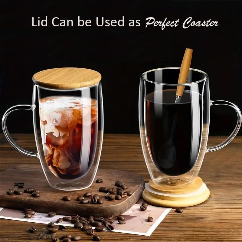 1CHASE Double Walled Glass Coffee Cups with Handle and with Bamboo Lid 450ml, Insulated Coffee Mugs Perfect for Cappuccino, Macchiato, Latte, Tea, Juice, Iced & Hot Pack Of 2 (450ML)