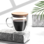 Double Wall Glass Coffee Cups with Handle & Bamboo Lid 250ML – Set of 2