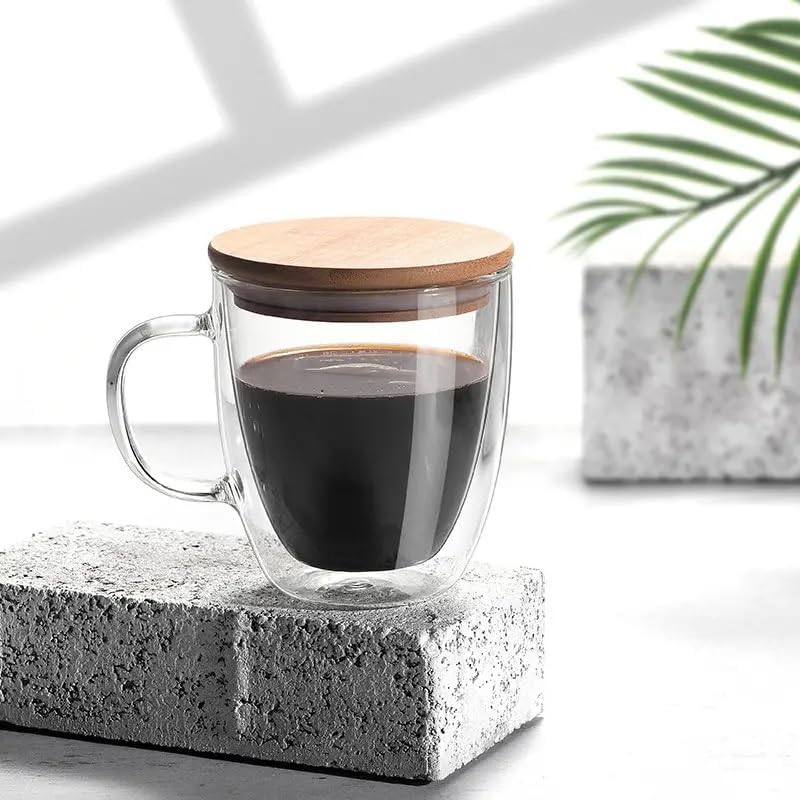 Double Wall Glass Coffee Cups with Handle & Bamboo Lid 250ML – Set of 2