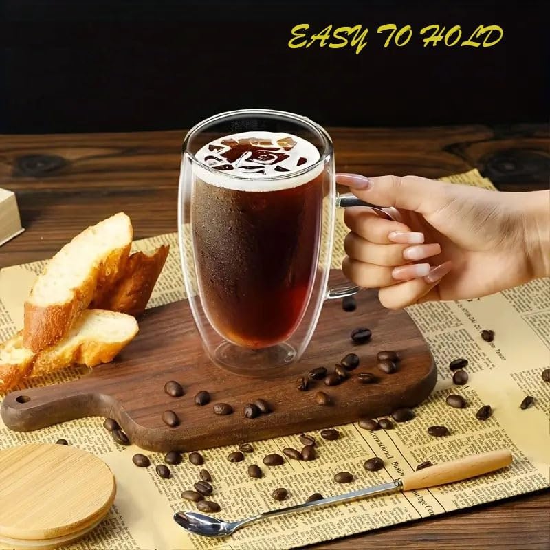 Double Wall Glass Coffee Cups with Handle & Bamboo Lid 450ML – Set of 2