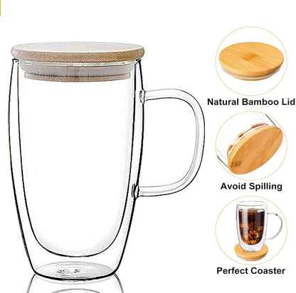 1CHASE Double Walled Glass Coffee Cups with Handle and with Bamboo Lid 450ml, Insulated Coffee Mugs Perfect for Cappuccino, Macchiato, Latte, Tea, Juice, Iced & Hot Pack Of 2 (450ML)