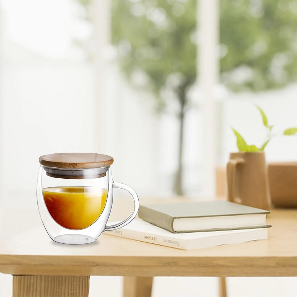 Double Wall Glass Coffee Cups with Handle & Bamboo Lid 250ML – Set of 2