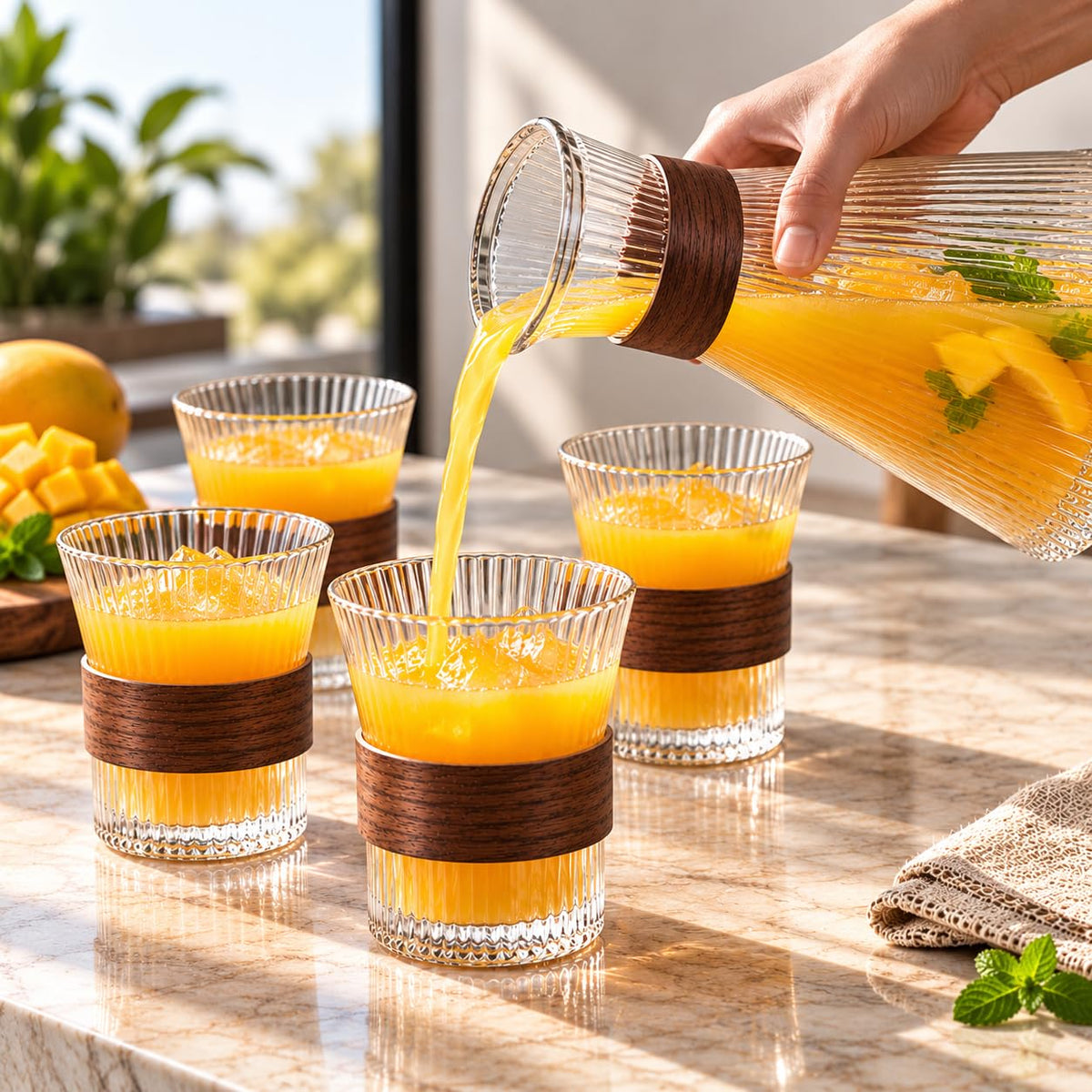 Water and Drinks Carafe 1500ml with 4 Glasses 350ml , Ribbed Drinking Set