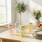 450ML Sipper Glass with Bow Print Set of 4, Mason Jar with Bamboo Lids & Glass Straws