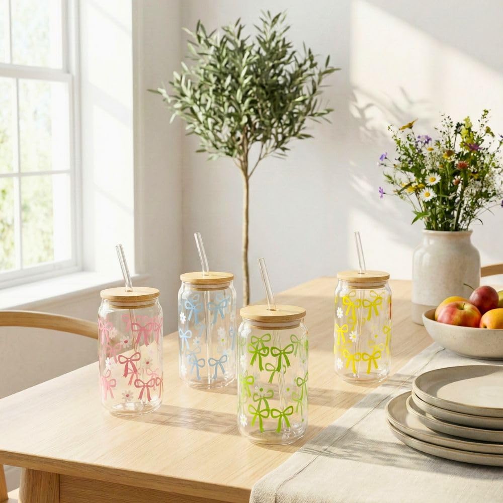 450ML Sipper Glass with Bow Print Set of 4, Mason Jar with Bamboo Lids & Glass Straws