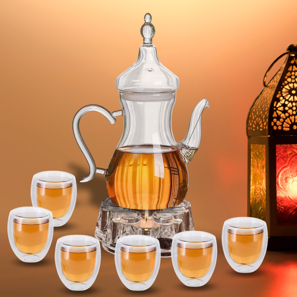 Arabic Tea Set – 1000ml Borosilicate Glass Teapot with Heart-Shaped Warmer & 6Pc 80ml Tea Cups – Heat-Resistant, Elegant Present for Ramadan & Special Occasions