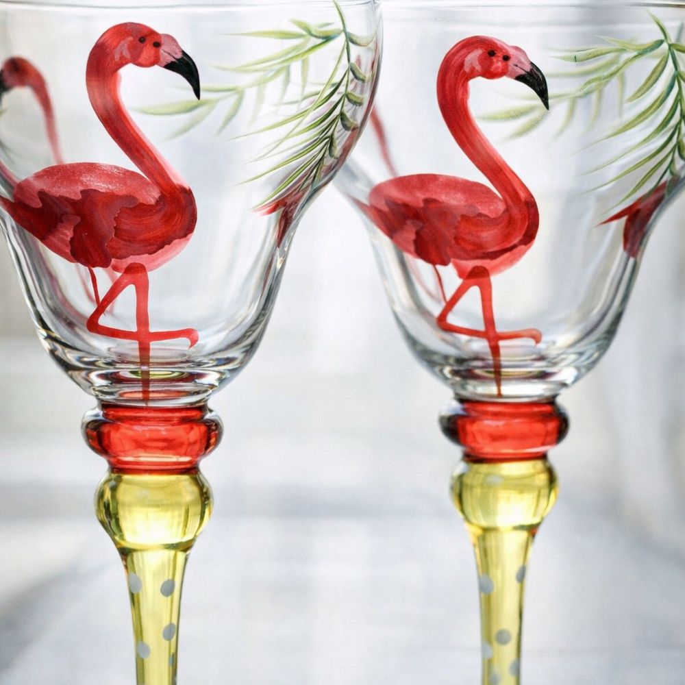 Hand Painted Margarita Glasses Moroccan Collection, Flamingo Design 270ML Set of 2, Artisan Decorative Cocktail Glassware, Unique Kitchen Table Décor Glasses