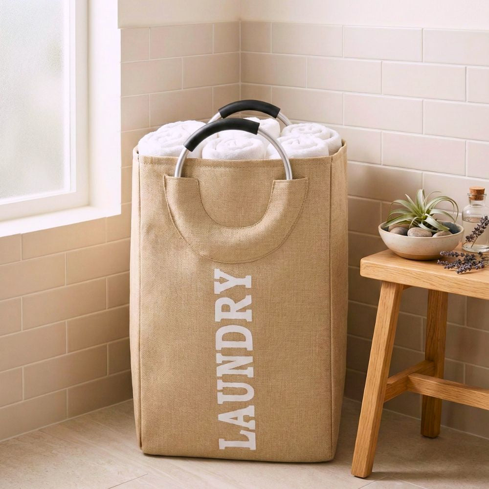 Foldable Laundry Basket with Handle, 30x20x50cm, 55Ltr, Large Capacity, Waterproof, Dirty Clothes Storage Bag, Space Saving, Beige