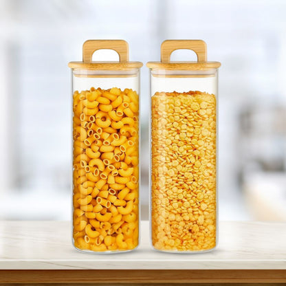 Square Glass Storage Jars with Acacia Wood Lids – Set of 2 (1500ml) Airtight Pantry Containers with Handle Lids for Pasta, Oats, Flour, Cookies, Coffee, Rice & More