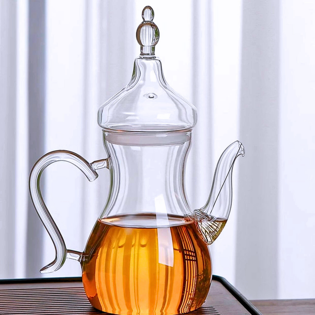 1Chase Arabic Style Glass Dalla Teapot 1000ml - Heat-Resistant Borosilicate, Transparent with Spout - Traditional Coffee & Tea Kettle for Ramadan, Arabic Coffee, Blooming & Loose Leaf Tea, Elegant Gift
