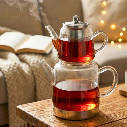 Borosilicate Glass Turkish Tea Maker Set (Çaydanlık), 450ML Teapot & 1500ML Kettle, Heat-Resistant Tea Set for Gas & Electric Stove, Traditional Caydanlik