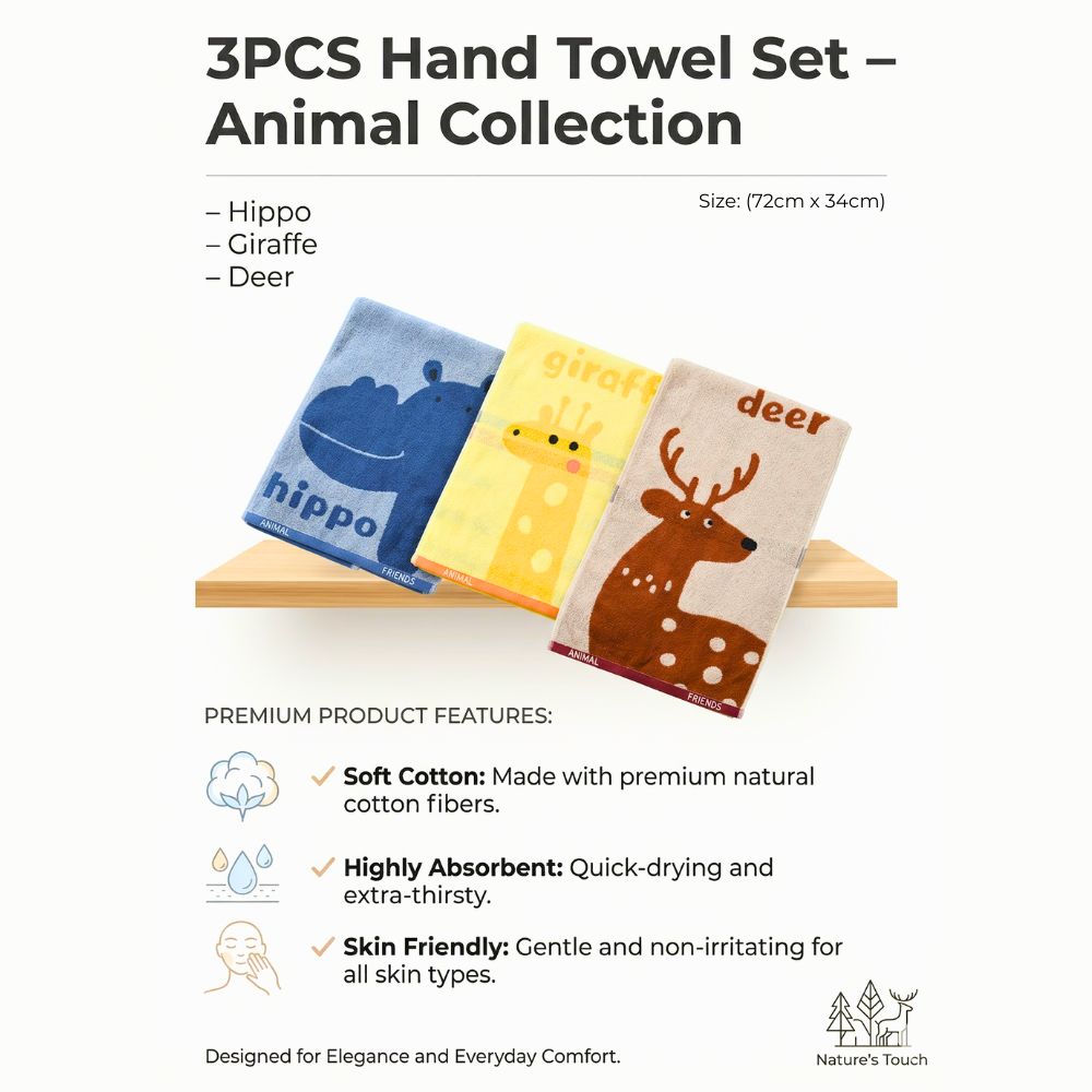 Kids Safari Animal Hand Towel Set – 3 Piece Cotton