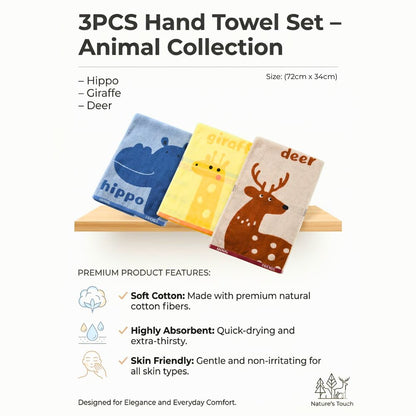 Kids Hand Towel Set 3PCS – 100% Cotton Soft & Absorbent Face Towels, Hippo Giraffe Deer Animal Design Towels for Kids, Baby & Daily Use