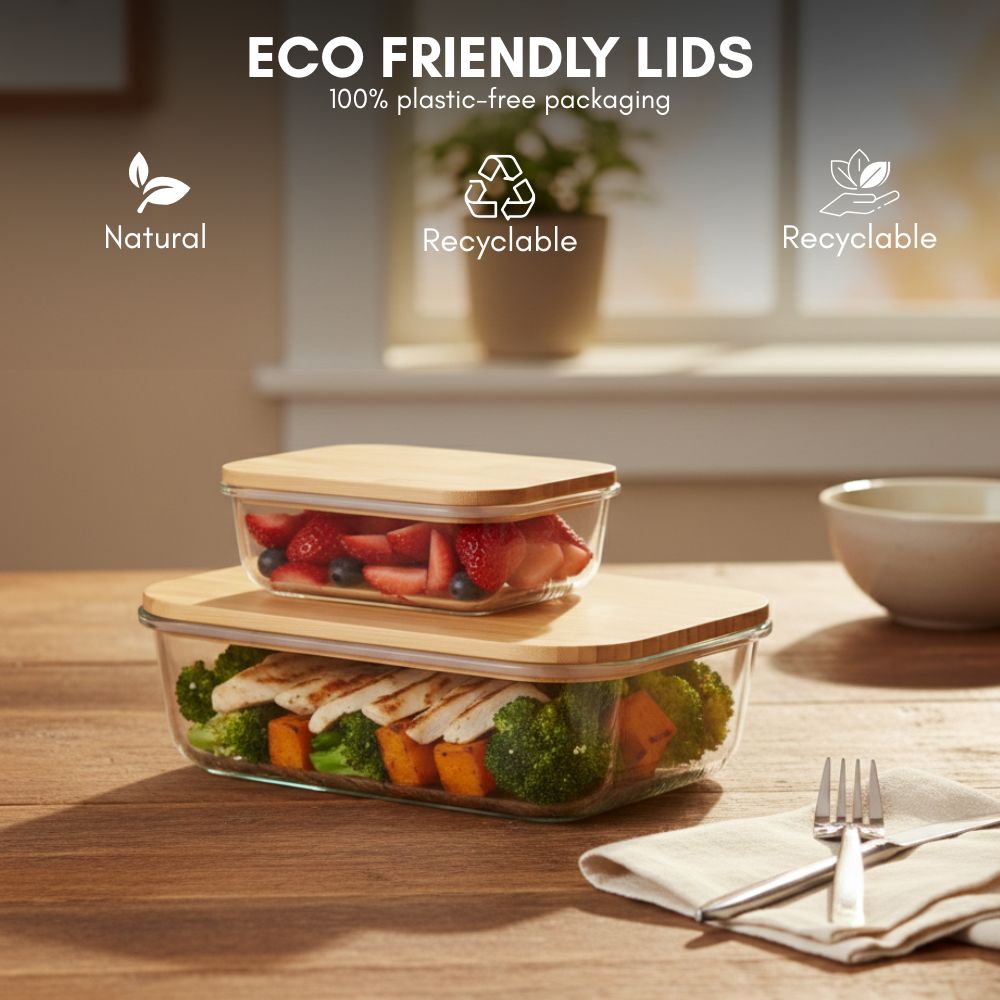Borosilicate Glass Food Storage Containers with Bamboo Lids, 3 Sizes 400ML 700ML 1000ML, Airtight BPA-Free Meal Prep & Lunch Boxes, Reusable Plastic-Free Containers