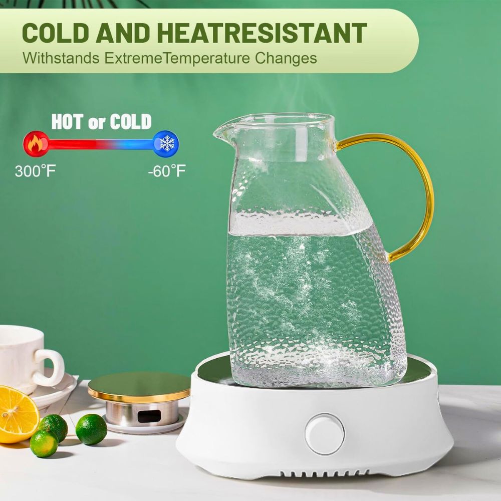 Borosilicate Glass Water Pitcher 1.8L with Gold Handle & Stainless Steel Lid – Hammered Pattern