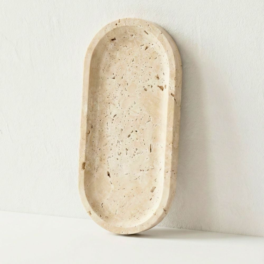 Natural Travertine Oval Marble Tray – Beige Stone Vanity Tray for Jewellery, Perfume & Makeup, Decorative Organizer for Coffee Table, Bathroom Counter & Home Decor