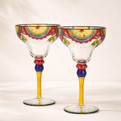 Hand Painted Margarita Glasses Moroccan Collection, Orange Blossom Design 270ML Set of 2, Artisan Decorative Cocktail Glassware, Unique Kitchen Table Décor Glasses