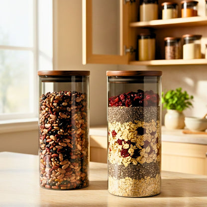 Borosilicate Glass Storage Jar Smoky Grey 1300 ML - (Set of 2) | Airtight Food Container with Acacia Wooden Lid | Durable & Stylish Kitchen Storage
