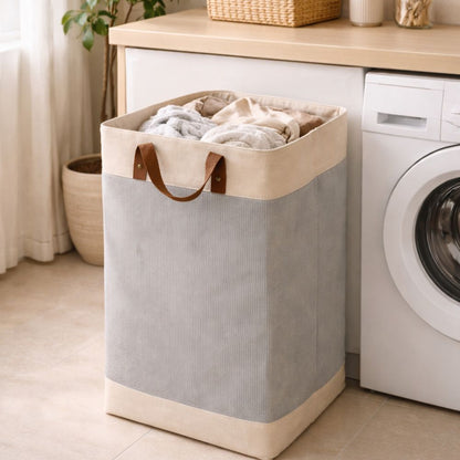 Foldable Velvet Laundry Basket 60L (55x35x30cm) with Leather Handles – Natural Jute Style Storage Bin for Clothes, Blankets & Home Organization