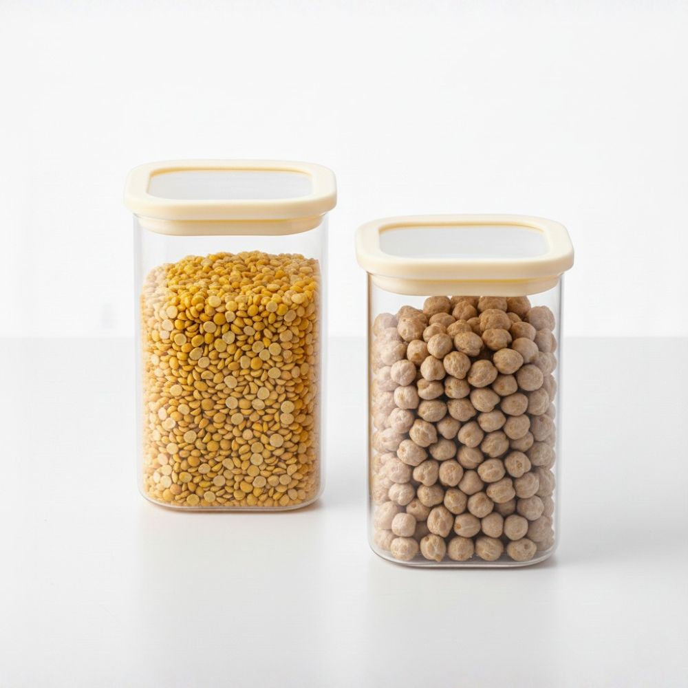 1CHASE Square Glass Storage Jars – 1500ML (Set Of 2) | Airtight & Stackable Borosilicate Food Storage Jars with Silicone Lids for Kitchen, Pantry, Snacks, Spices & Dry Food (Medium)