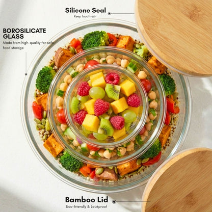 Borosilicate Round Glass Food Storage Containers with Bamboo Lids, 3 Sizes 400ML 650ML 1000ML, Airtight BPA-Free Meal Prep & Lunch Boxes, Reusable Plastic-Free Containers