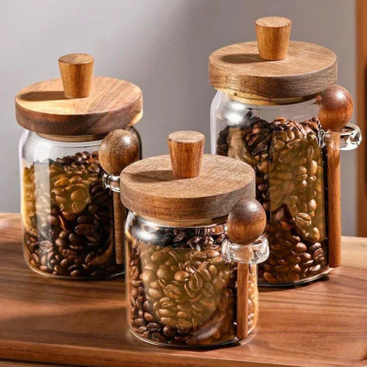 Glass Storage Jar with Acacia Wooden Lid & Spoon – Airtight Food Container for Coffee, Tea, Sugar, Spices & Dry Foods – 400ml / 600ml / 800ml Kitchen Canister