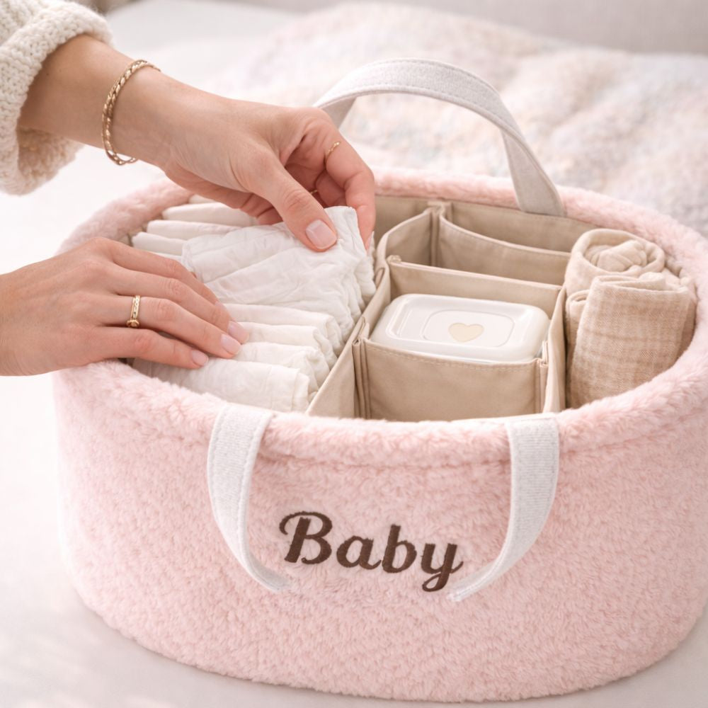 Baby Diaper Caddy Organizer – Soft Plush Nursery Storage Basket with Handles, Portable Changing Table & Car Organizer for Newborn Essentials