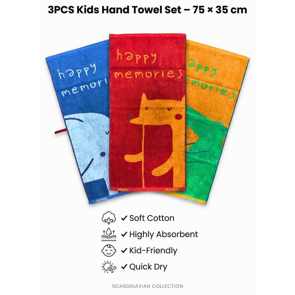 Kids Safari Animal Hand Towel Set – 3 Piece Cotton