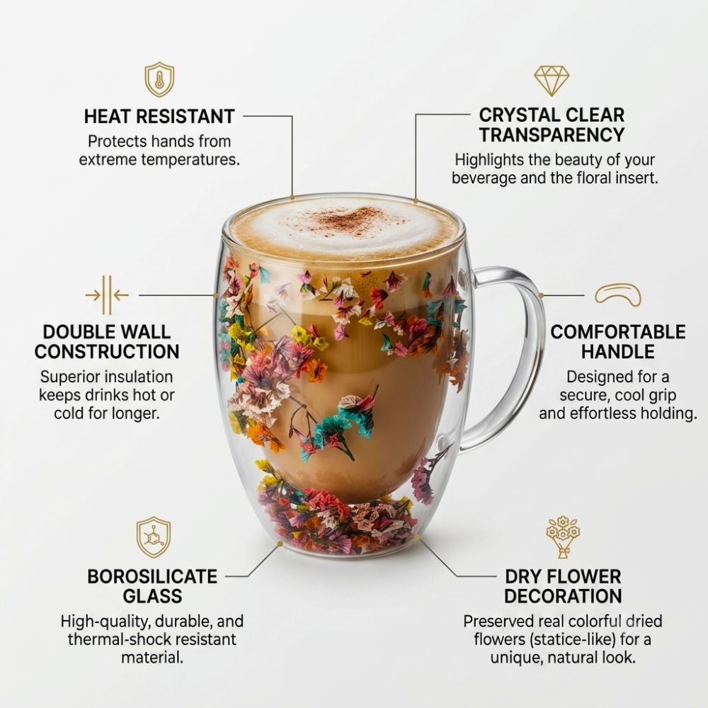 Double Wall Dry Flower Glass Coffee Cups with Handle 350ML – Set of 2