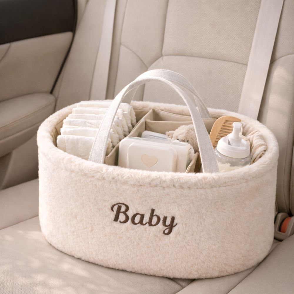 Baby Diaper Caddy Organizer – Soft Plush Nursery Storage Basket with Handles, Portable Changing Table & Car Organizer for Newborn Essentials