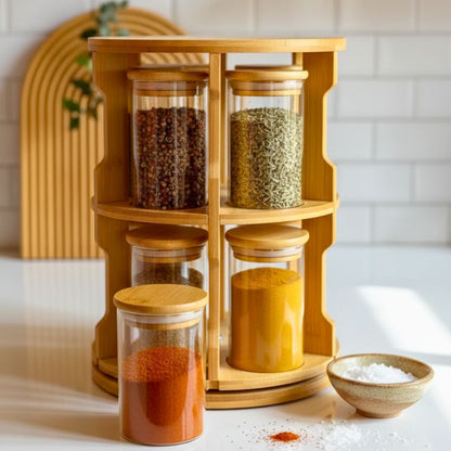 Rotating Bamboo Tabletop Spice Rack with 10 Glass Jars, 360° Swivel Organizer with Wooden Lids for Kitchen Counter, Herbs, Spices & Seasonings