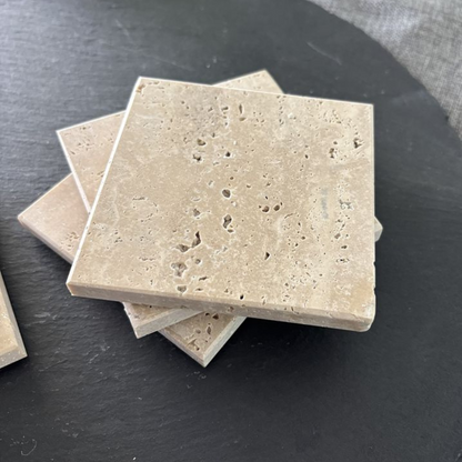 Natural Travertine Marble Coasters – Set of 4 (10x10cm) | Premium Travertine Marble Drink Coasters for Home & Office