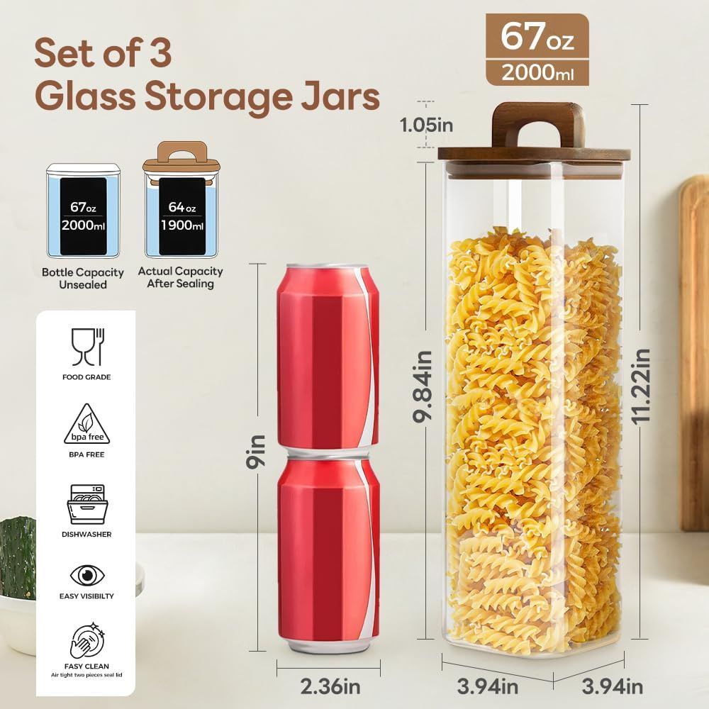 Square Glass Storage Jars with Acacia Wood Lids – Set of 2 (1800ml) Large Pantry Containers with Handle Lids for Pasta, Oats, Flour, Cookies, Coffee, Rice & More
