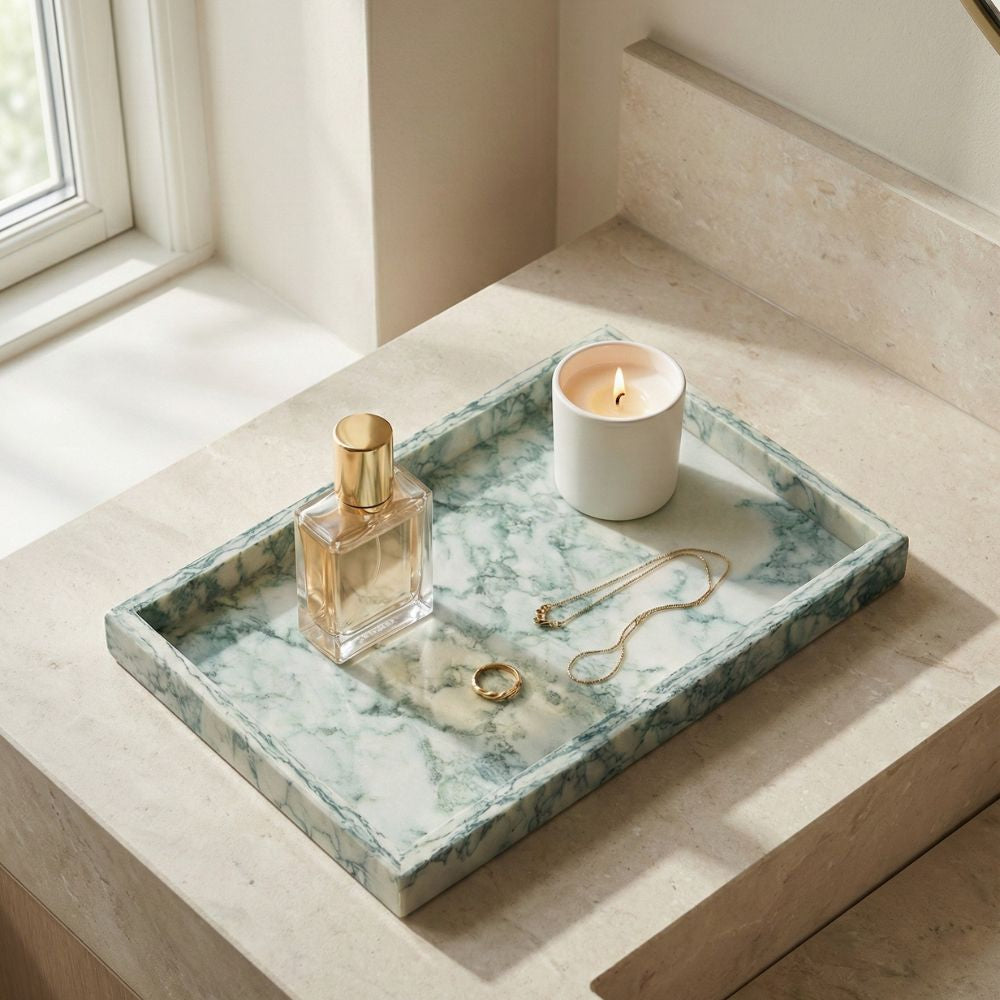 Green Marble Stone Decorative Tray 30x20CM Rectangular Vanity Organizer, Luxury Jewellery & Bathroom Counter Tray, Kitchen & Dining Table Décor