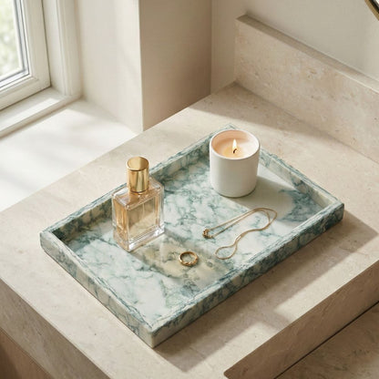 Green Marble Stone Decorative Tray 30x20CM Rectangular Vanity Organizer, Luxury Jewellery & Bathroom Counter Tray, Kitchen & Dining Table Décor