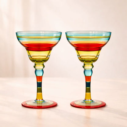 Hand Painted Margarita Glasses Moroccan Collection, 270ML Set of 2, Artisan Decorative Glassware with Blue Lines, Unique Cocktail & Margarita Glasses for Kitchen Table Décor