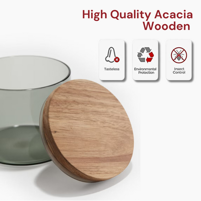 Borosilicate Glass Storage Jar Smoky Grey - (Set of 3) | Airtight Food Container with Acacia Wooden Lid | Durable & Stylish Kitchen Storage 600ML, 900ML, 1300ML