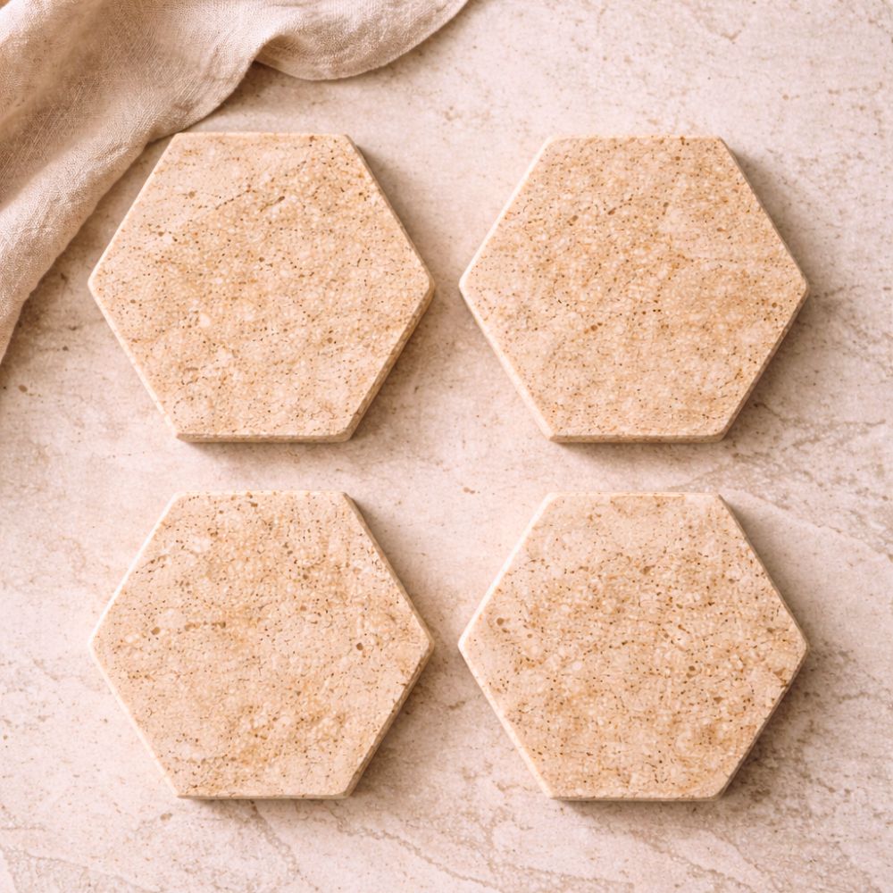 Travertine Coasters Set of 4, Natural Marble Hexagon Drink Coasters, Absorbent Stone for Coffee Table, Dining Table & Home Décor