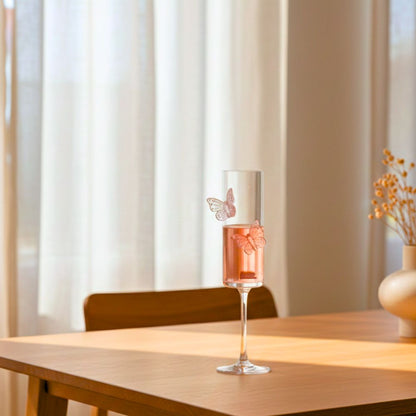 Butterfly Champagne Glass Set of 2, Flute Shape, Pink Butterfly Design, 180ML, for Red Wine, White Wine, Champagne, Sparkling Drinks